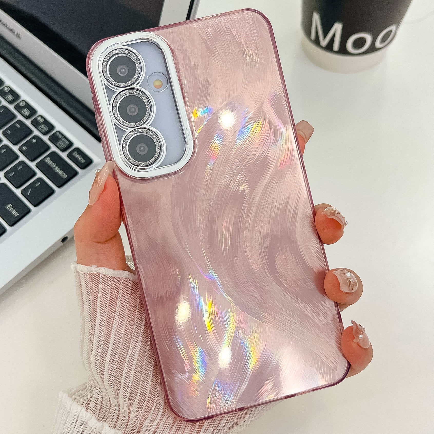 For Samsung Galaxy A16 4G / 5G Case IMD Design Shockproof PC+TPU Phone Cover with Glass Lens Film - Feather Yarn Pattern / Pink For Samsung Galaxy A16 4G / 5G Case IMD Design Shockproof PC+TPU Phone Cover with Glass Lens Film - Feather Yarn Pattern / Pink